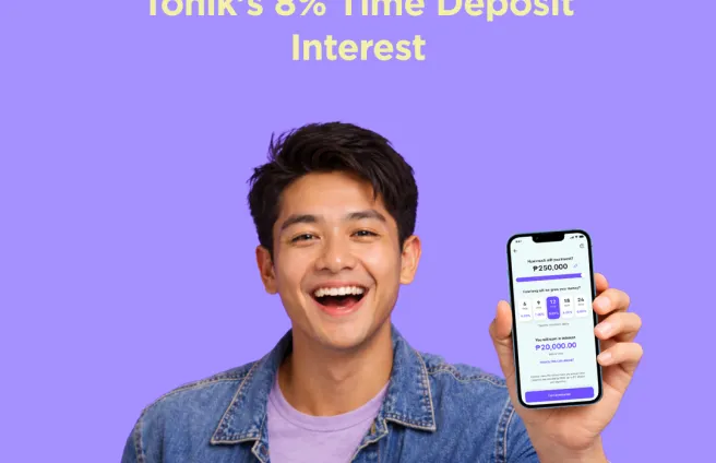  Two Tonik customers talking, one is saying “Have you tried the Tonik 8% Time Deposit?”