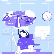 Female character in corporate attire researching schools