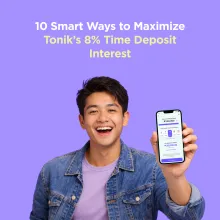  Two Tonik customers talking, one is saying “Have you tried the Tonik 8% Time Deposit?”